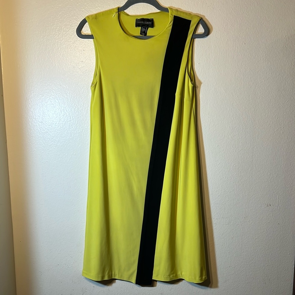 Frank Lyman Chartreuse Neon Green Line Black Color Block Jersey Dress Size 8